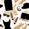Seamless background with retro fashion objects: women hats, shoes, bags, lipsticks, eyeglasses, perfume. Old-fashioned