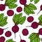 Seamless Background of Ripe Beets. Endless Pattern of Beetroot with Top Leaves, Beet Halves and Cut Round Slices. Fresh Vegetable