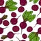 Seamless Background of Ripe Beets. Endless Pattern of Beetroot with Top Leaves, Beet Halves and Cut Round Slices. Fresh Vegetable