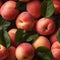 Seamless background of ripe peaches with leaves. Created by AI