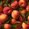 Seamless background of ripe peaches with leaves. Created by AI