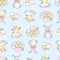 Seamless background of set various Easter pictures with chickens and rabbits