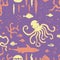 Seamless background of silhouettes cartoon underwater sea creatures