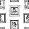 Seamless background of sketches cheerful christmas snowmen in decorative picture frames