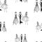 Seamless background of sketches of elegant women in evening gowns