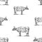 Seamless background of sketches grazing cows