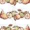 Seamless background of sketches green apples and yellow pears in rows