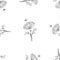 Seamless background of sketches umbrella flowers and flying bees