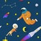 seamless background with space objects - cosmonaut, dog in a spacesuit, satellite, comet, moon, stars, constellations