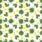 Seamless background for a St. Patricks Day themed design with randomly arranged clover leaves and gold coins