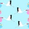 Seamless background with storks carrying newborn babies