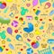 Seamless background on the theme of childhood and newborn babies, baby accessories, accessories and toys, simple color icons on ye