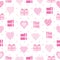 Seamless background of Valentine illustration with pink love shape and gift on polka dot background