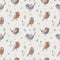 Seamless background with a variety of birds and plants. Stylized print on fabric. Pastel palette.