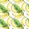 Seamless background of watercolor drawings of bananas and tropical banana green leaves