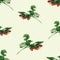 Seamless background of watercolor drawings of raspberry twigs with ripe red berries and green leaves