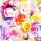 Seamless background with watercolor perfumes and flowers