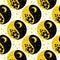 Seamless background, Yin Yang, symbol, flowers and the moon with the sun. Elegant yellow and black design for textiles, prints.