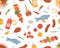 Seamless BBQ pattern with barbecue grilled food on white background. Endless repeating texture with barbeque kebab, meat