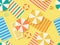 Seamless beach pattern, top view. Chaise lounge with beach umbrella and towel on the sand. Flat design style. Summer beach
