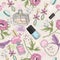 Seamless beauty pattern with make up, perfume, nail polish