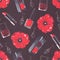 Seamless beauty products pattern with rouge, lipstick, nail polish bottles and scarlet poppy flower on black paper. Hand drawn des