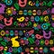 Seamless black pattern with color easter eggs, rabbit, flowers