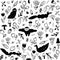 Seamless black and white pattern with animals, flowers, berries, mushrooms and insects.