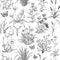 Seamless black and white pattern with Hand drawn Field herbs, flowers and grass