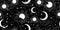 Seamless black and white space pattern with sun, crescent and stars on a blue background. Mystical ornament of the night