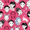 Seamless black on white with young women on a pink background. Avatars hand drawn doodle multicultural diverse female faces. Girly