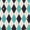 Seamless blue argyle pattern with chaotic golden dots. Traditional diamond check print. Vintage seamless background