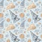 Seamless blue christmas background. New year pattern. Snowflake, christmas tree, tangerine, hearts. Perfect for fabrics