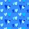 Seamless blue pattern with cartoon hearts. Couples in love of different shades embrace filled with feelings and give gifts. Vector