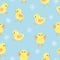 Seamless blue pattern with cute little chickens.