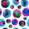 Seamless blue, purple and green bubble pattern on a white background