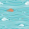 Seamless blue simple pattern with simple fishes and waves. Vector simple marine background.