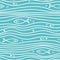 Seamless blue simple pattern with simple fishes and waves. Vector simple marine background.