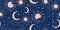 Seamless blue space pattern with sun, crescent and stars on a blue background. Mystical ornament of the night sky for