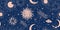 Seamless blue space pattern with sun, crescent and stars on a blue background. Mystical ornament of the night sky for