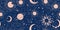 Seamless blue space pattern with sun, crescent and stars on a blue background. Mystical ornament of the night sky for