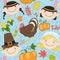 Seamless blue thanksgiving pattern with cute american indians, pilgrims, turkey and pumpkins