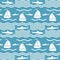 Seamless blue and white sea pattern with sharks and sailing ship