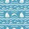 Seamless blue and white sea pattern of waves, dolphins and sailboats