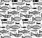 Seamless boho contour pattern with doodle fishes and bubbles floating to the right. Underwater lagoon world. Vector outline