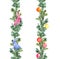 Seamless border with Christmas tree branches, decorative baubles, cute hares. Pine, fir twigs, rabbit animals