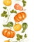 Seamless border with pumpkins. Decorative ornament from vegetables and leaves