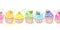 Seamless border rainbow multicolored cupcakes muffins, sweet whipped cream. Berries, citrus fruits, chocolate, leaf