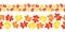 Seamless border with red, orange and yellow jigsaw puzzles elements on white background. Watercolor hand drawn illustration.