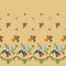 Seamless border with red and yellow raspberries, green leaves and flowers on an orange background.